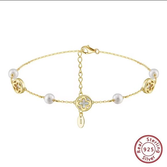 ENA925 14k Over Sterling Silver Pearl Anklet - Picture 1 of 5
